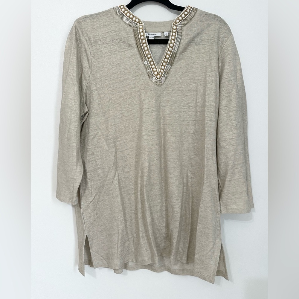 Women's CHICO'S Linen V Neck Tunic Top w Beading Size large boho indie